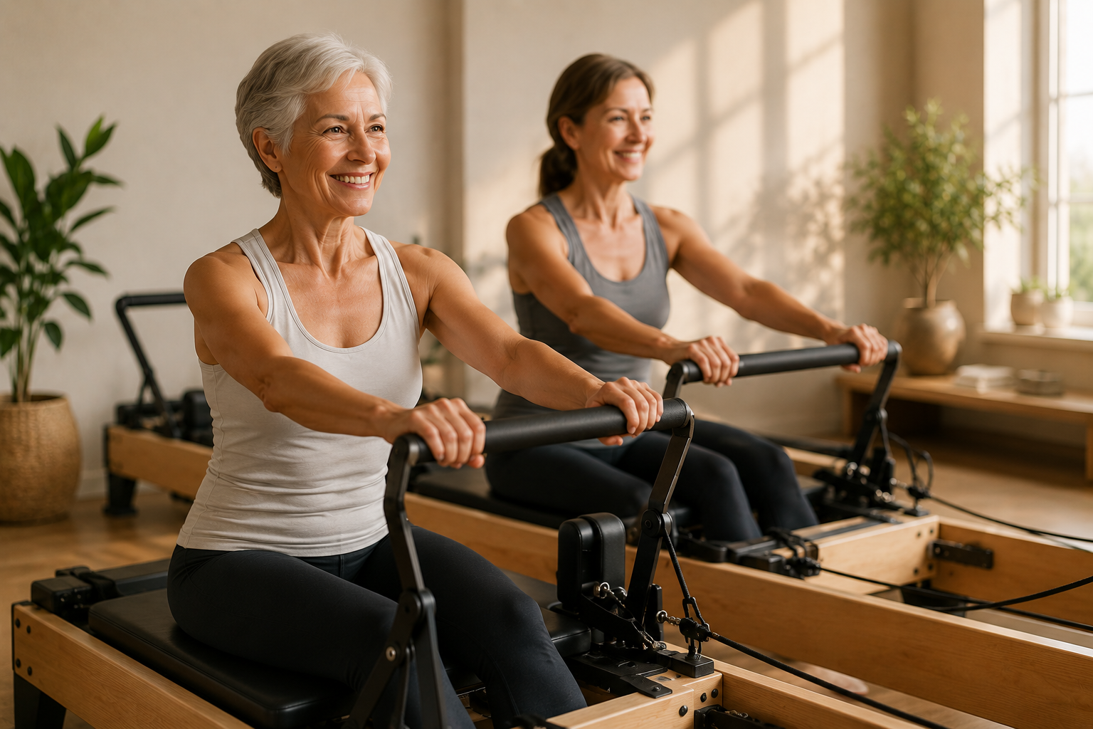 Clase supervisada de Pilates con máquinas adaptada a un ritmo tranquilo